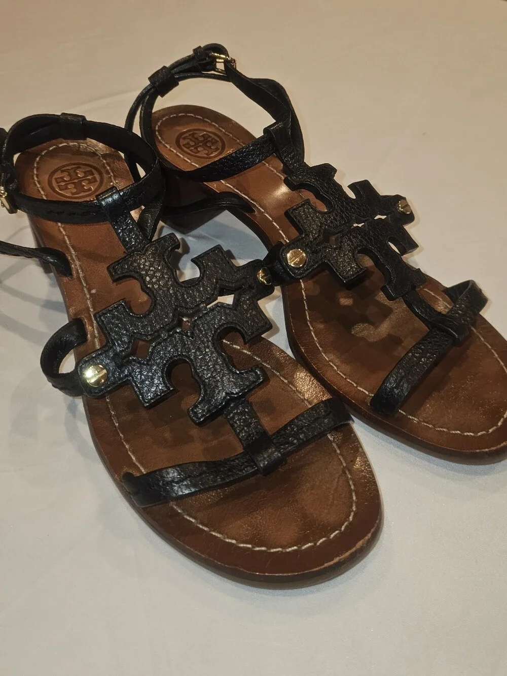 TORY BURCH Chandler tumbled leather block heel black sandals, 6.5